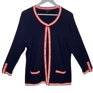 Talbots Navy Blue Red White Nautical Knit Pearl Button Cardigan Pockets Size L